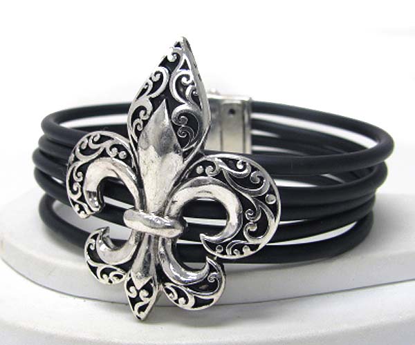 Metal filigree large fluer de lis and multi cord magnet bracelet