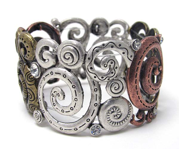 Crystal and textured and swirled stretch metal bracelet