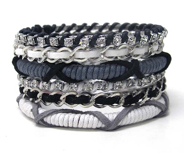 Crystal deco fabric and leatherette wrap multi stackable bracelet