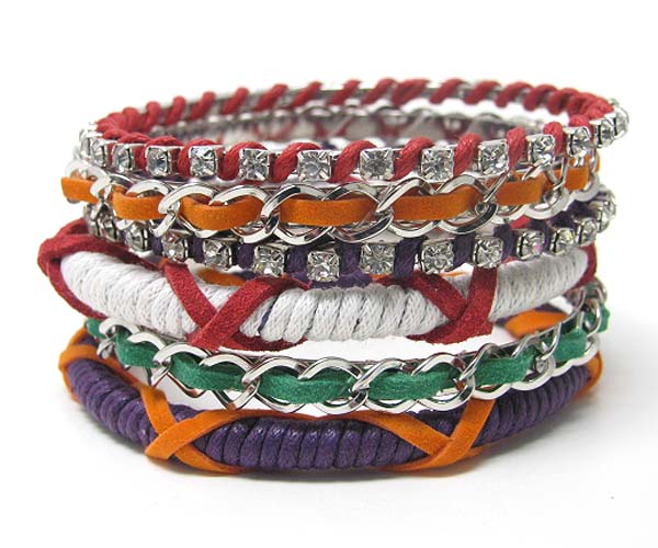 Crystal deco fabric and leatherette wrap multi stackable bracelet