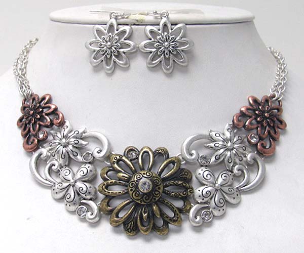 Crystal and metal filigree multi flower link necklace earring set