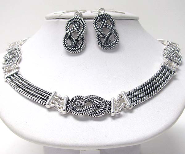 Multi metal rope tie and link necklace earring set