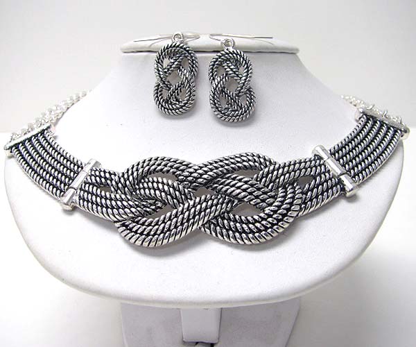 Multi metal rope tie and link necklace earring set