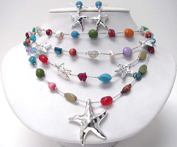 Star fish pendant and multi stone and wired chain necklace earring set