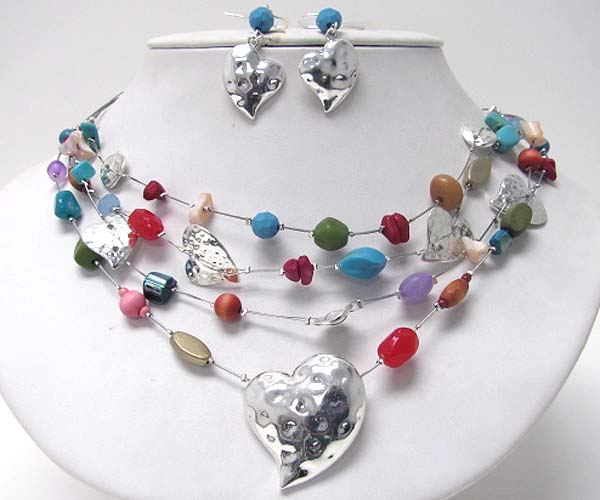 Heart pendant and multi stone and wired chain necklace earring set