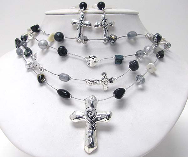 Cross pendant and multi stone and wired chain necklace earring set