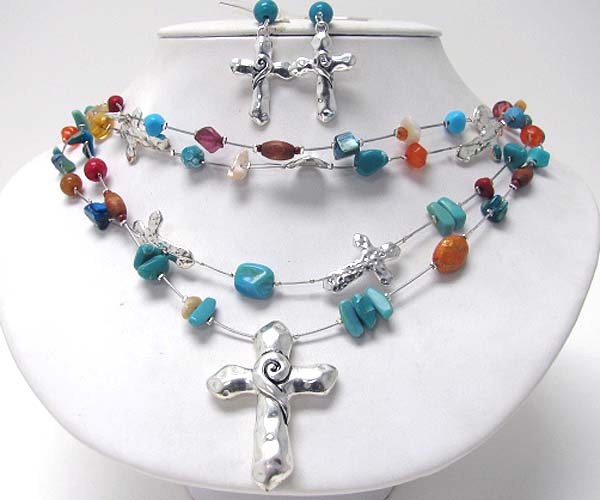 Cross pendant and multi stone and wired chain necklace earring set