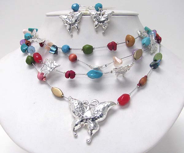 Butterfly pendant and multi stone and wired chain necklace earring set