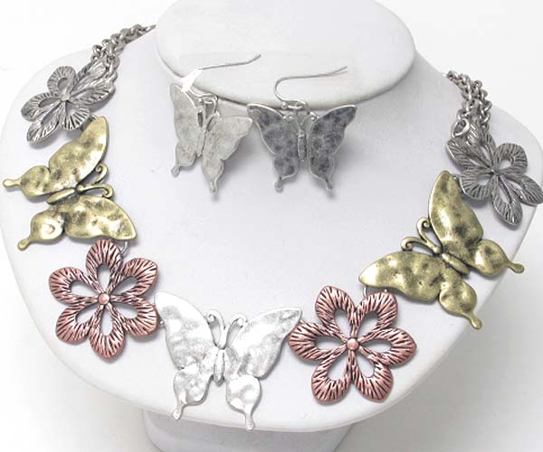 Hammered and textured multi butterfly and flower link necklace earring set