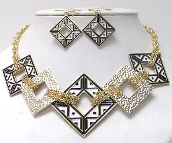 Aztec pattern square link necklace earring set -western