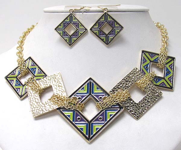 Aztec pattern square link necklace earring set -western