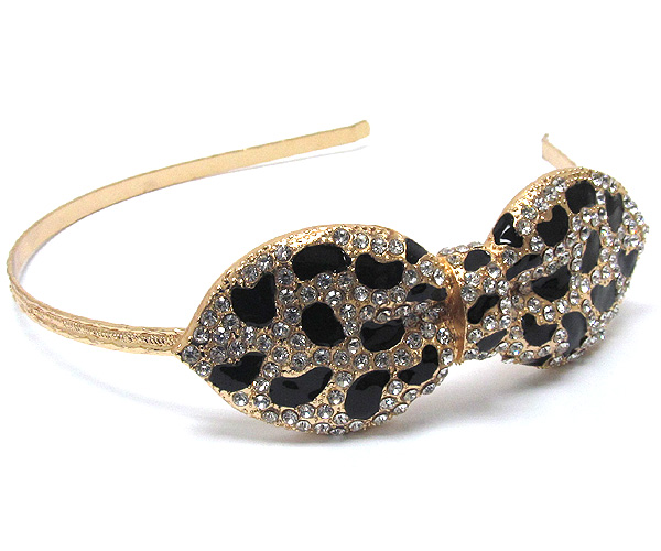 Extra large crystal and epoxy printed leopard metal ribbon on accent metal headband 