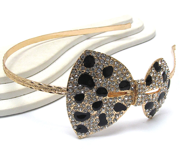 Extra large crystal and epoxy printed leopard metal ribbon on accent metal headband 