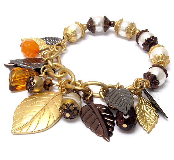 Multi metal leaf and pearl bead stretch bracelet