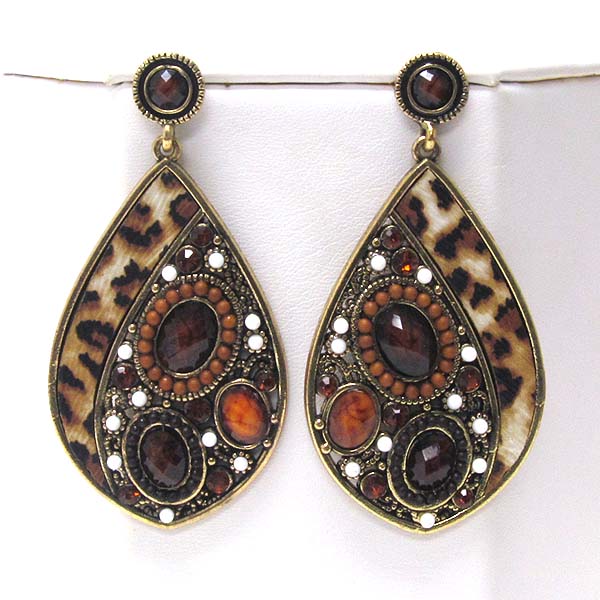 Leatherette animal print and crystal metal tear drop earring