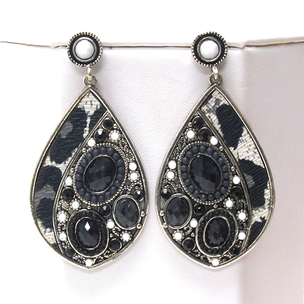 Leatherette animal print and crystal metal tear drop earring