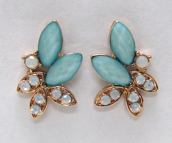 Crystal metal with leafs glass stone stud earring