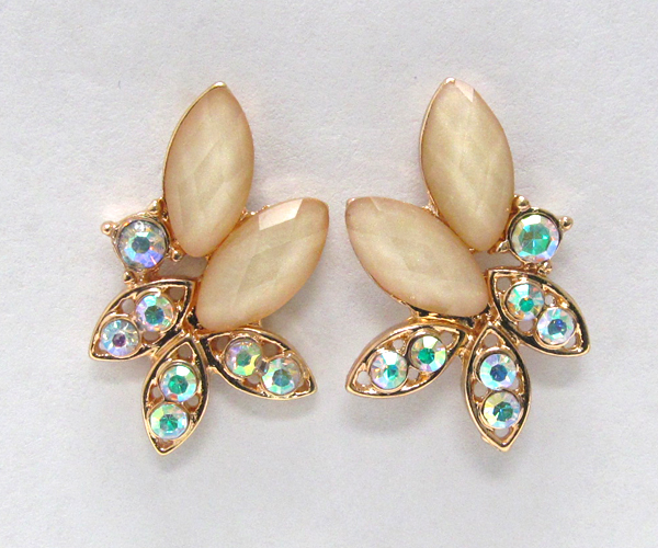 Crystal metal with leafs glass stone stud earring