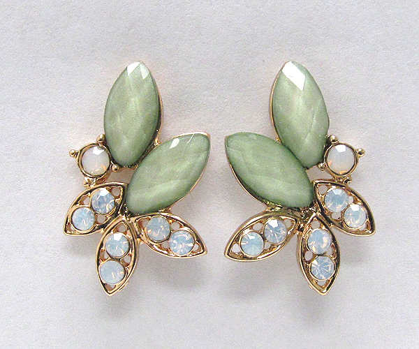 Crystal metal with leafs glass stone stud earring