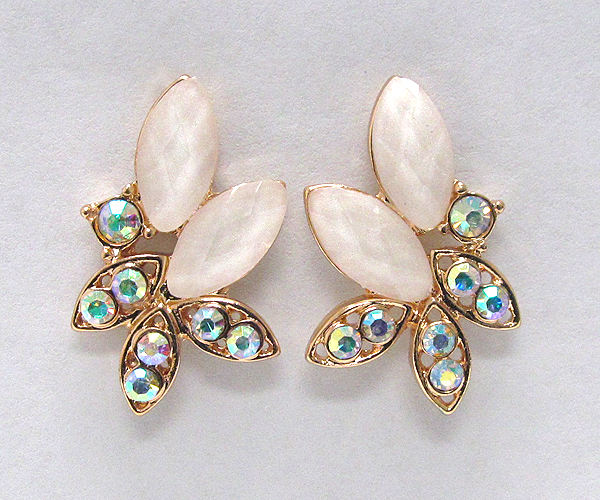 Crystal metal with leafs glass stone stud earring