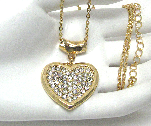 Crystal metal hammered heart drop chain necklace