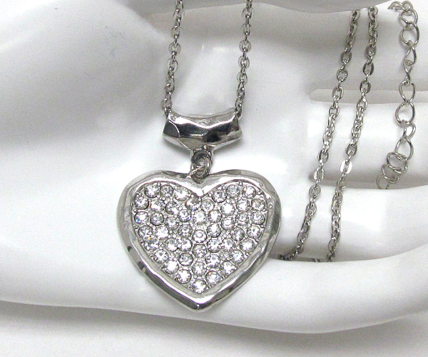 Crystal metal hammered heart drop chain necklace