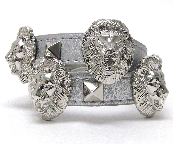 Multi rihanna style metal textured lion head and multi metal square spikes leatherette wrap bracelet