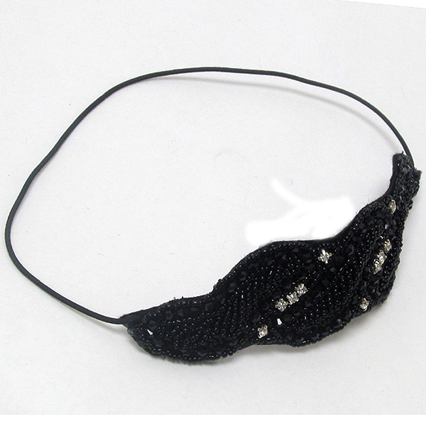 Crystal and seed bead on fabric leaf stretch headband