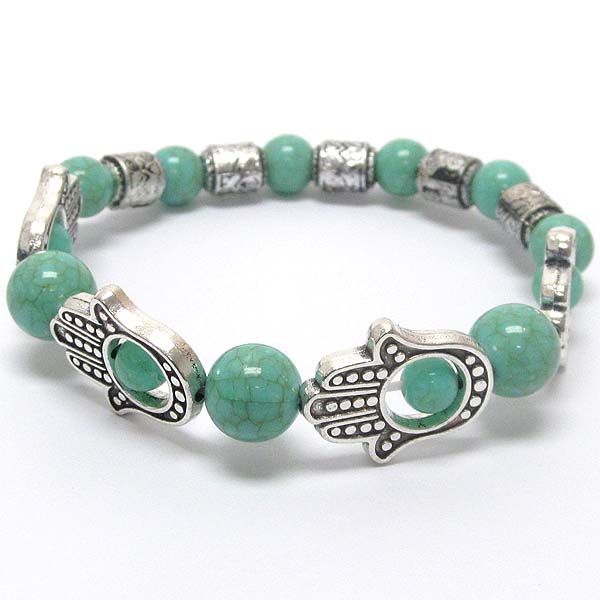 Multi hamsa and turquoise ball link stretch bracelet