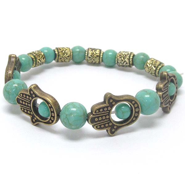 Multi hamsa and turquoise ball link stretch bracelet