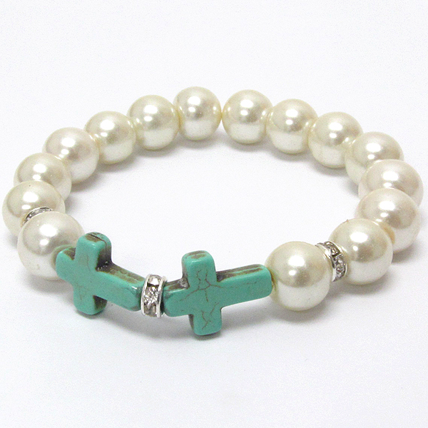 Turquoise cross and crystal rondelle accent pearl stretch bracelet