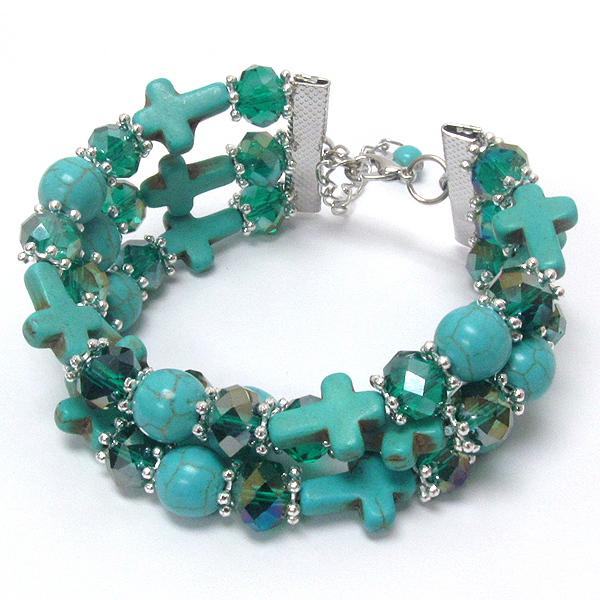 Turquoise cross and ball mix 3 layer bracelet