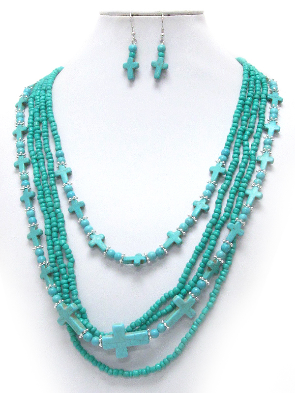 Multi turquoise cross and chip stone mix multi layer necklace earring set