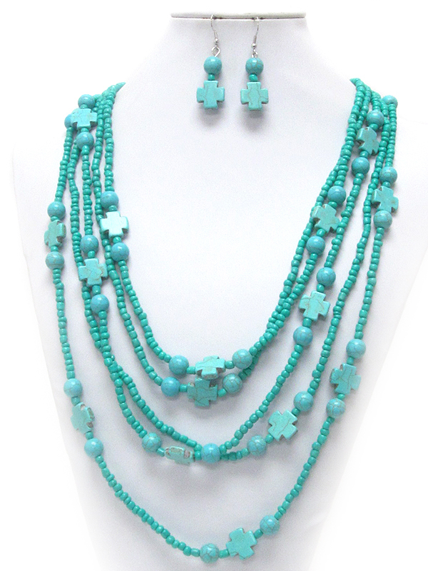 Multi turquoise cross and chip stone mix multi layer necklace earring set