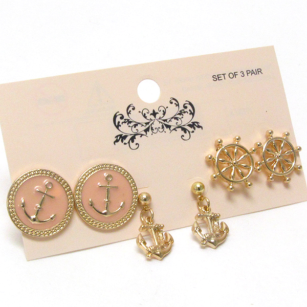 Anchor and wheel earring set of 3 - nautical