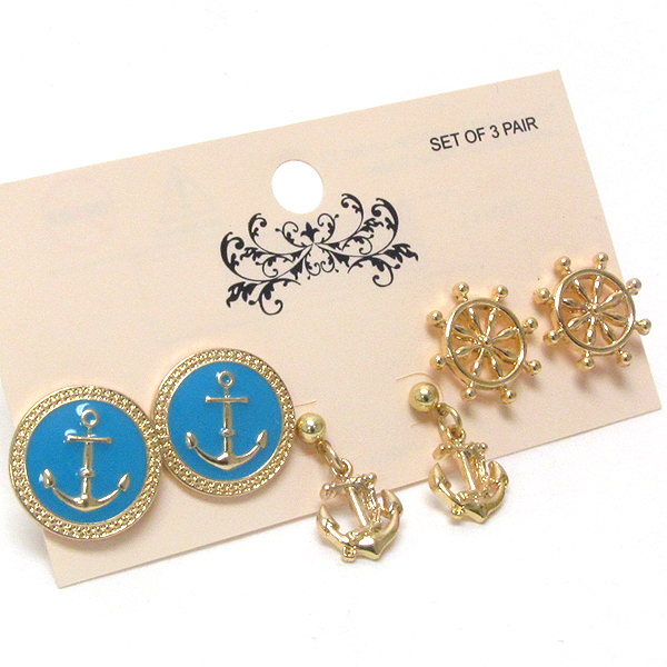 Anchor and wheel earring set of 3 - nautical