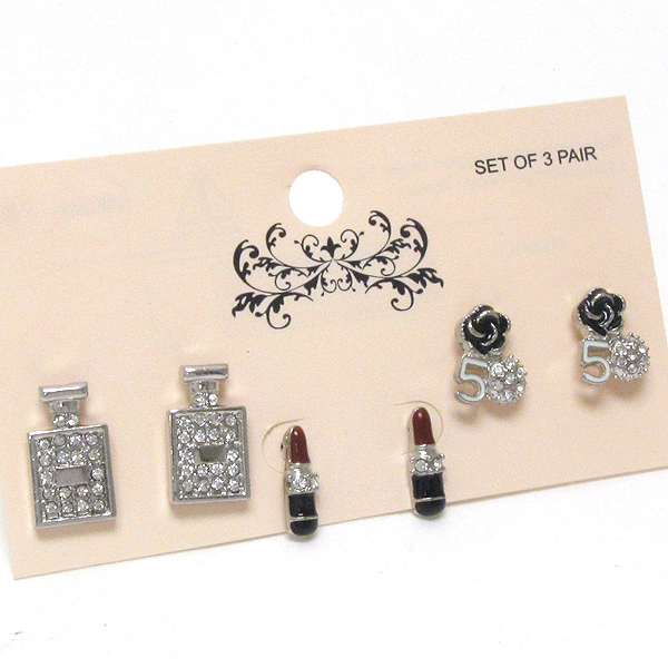 Crystal purfume bottle and lip stick earring set of 3