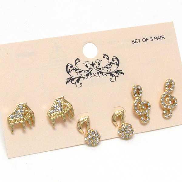 Music theme crystal music note and piano earring set of 3