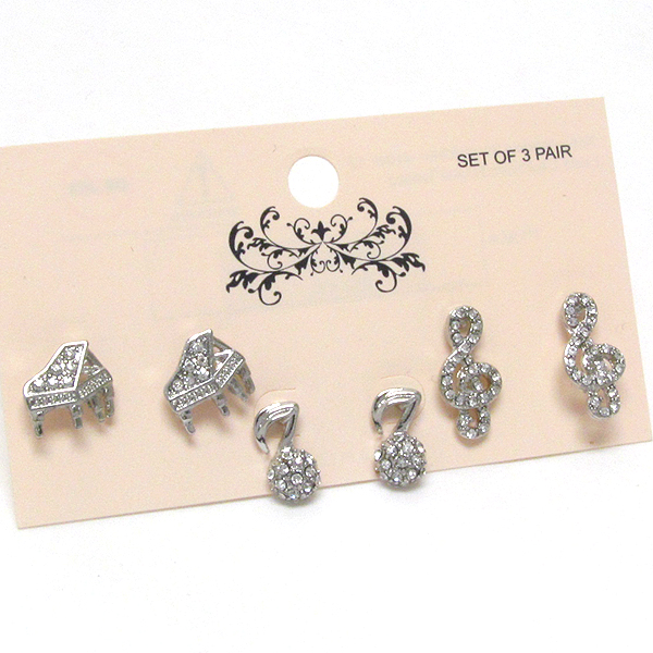 Music theme crystal music note and piano earring set of 3