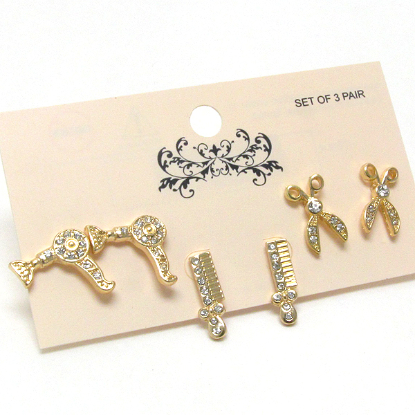 Beauty theme crystal scissor and comb earring set of 3