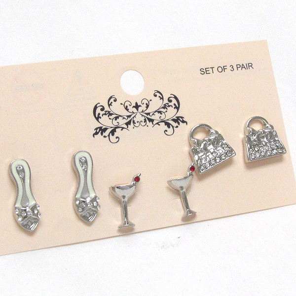 Party theme crystal bag and cocktail glass earring set of 3