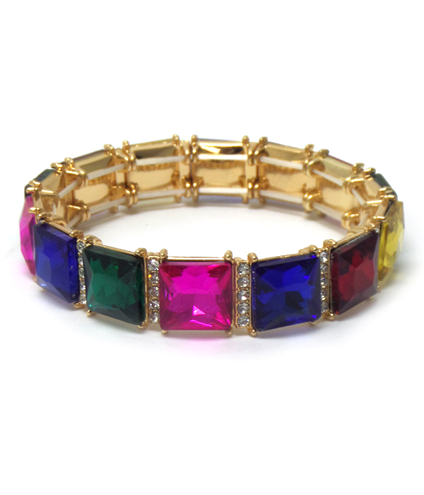 Multi color linked square crystal link stretch bracelet