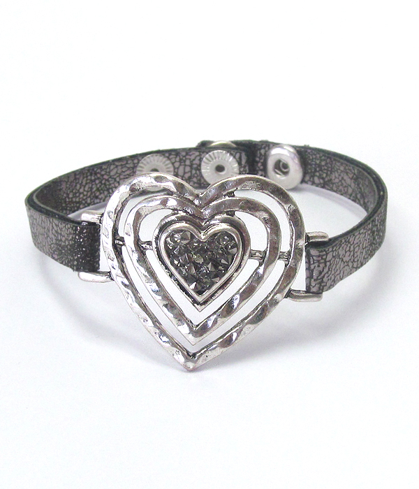 Crystal center glued heart and leatherette band bracelet
