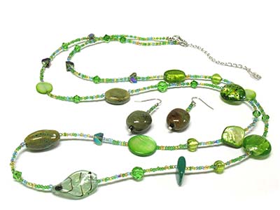 Multi shape glass and germ stone seed beads necklace and earring set 