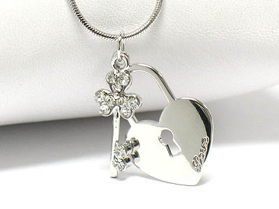 Made in korea whitegold plating crystal deco love theme heart lock and key pendant necklace