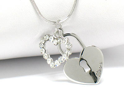 Made in korea whitegold plating crystal heart and love theme heart lock necklace