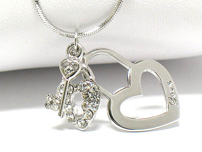 Made in korea whitegold plating crystal heart and love theme key and heart lock necklace