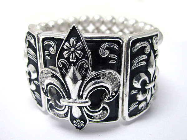 Crystal and fleur de lis metal casting stretch bracelet