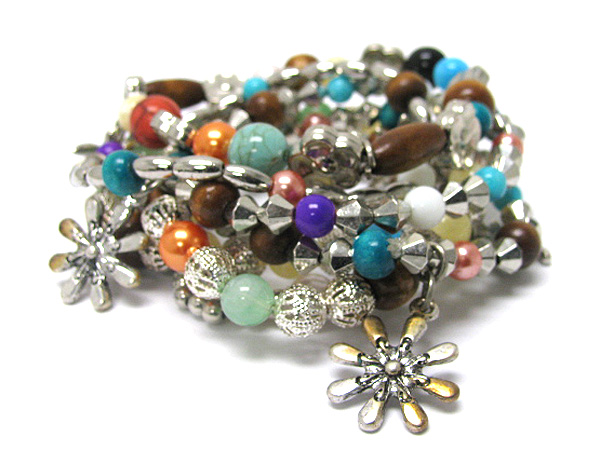 Mixed metal charm dangle multi line turquoise and mixed stone stretch bracelet