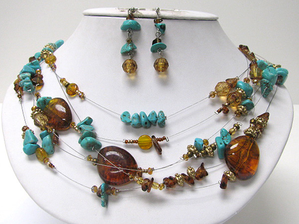 Amber and turquoise chip stone mixed necklace earrign set